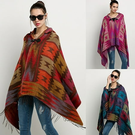 Micelec Women's Bohemian Wool Blend Hooded Blanket Cloak Poncho Cape Outwear Coat Shawl