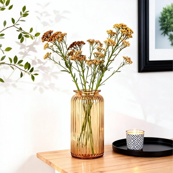 GARITIN Ribbed Glass Vase for Decor, Modern Flower Vase for Centerpieces Desktop Home Office