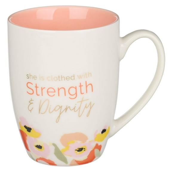 Christian Art Gifts Motivational Ceramic Coffee and Tea Mug for Women: Strength and Dignity - Proverbs 31:25 Bible Verse Novelty Inspiring Hot and Cold Beverage Cup Peachy White Floral, 12 oz.