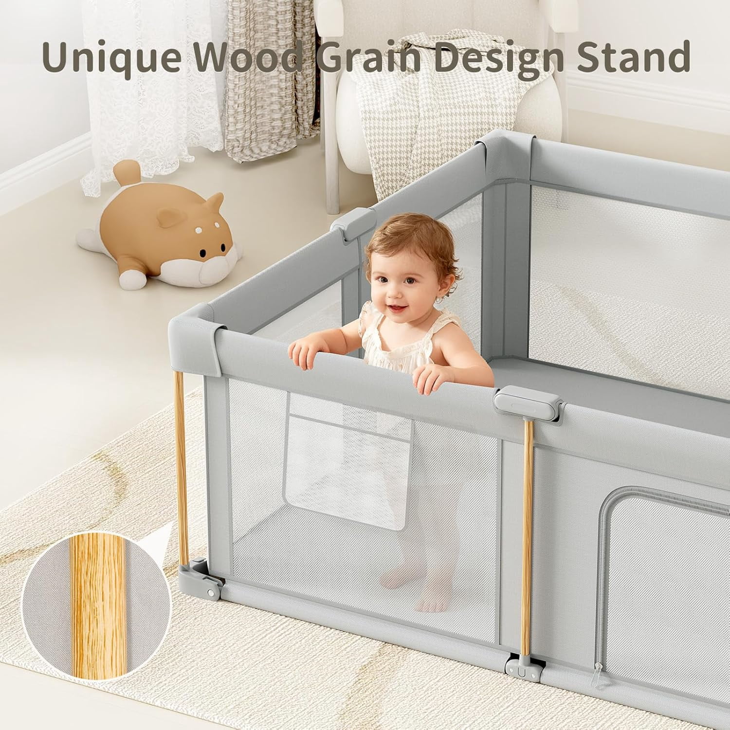 71"x59"x27" Foldable Baby Playpen with Mat, Play Yard Fence for Babies Boys Girls Toddlers, Large Playard W/ 300D Fabric for Infant and Kids