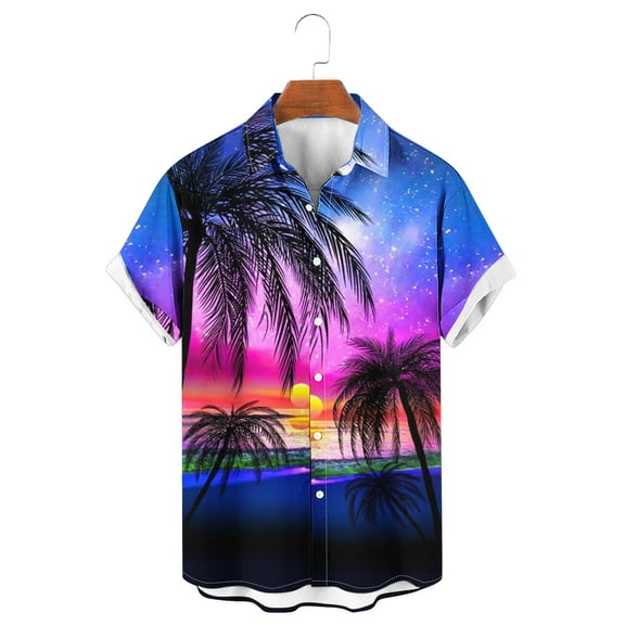 VBTAPA Mens Hawaiian Shirts Colorful Palm Tree Print Short Sleeve Lapel Button Down Shirts Casual Beach Aloha Shirts Summer Loose Beach Tops Blue M