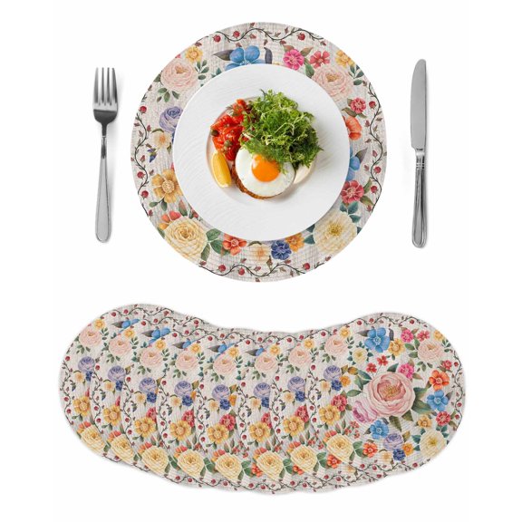 Boho Pink Flowers Round 15 Inch Placemats Set of 8, Colorful Floral Spring Vintage Botanical HeatResistant Non Slip Place Mats for Dining Table, Wipeable Braided Kitchen Table Mats for Housewarming