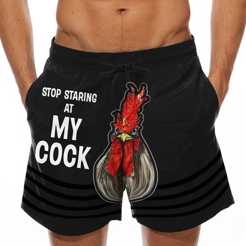 N /A Mens Drawstring Special Cock Print Beer Festival Beach Casual Trouser Shorts Pant Stop Staring at My Cock Swim Trunks 