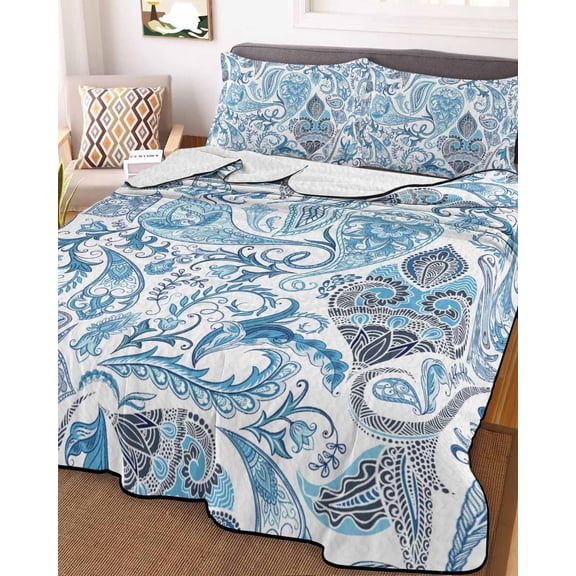 Blue Paisley Full Size Down Alternative Comforter, Lightweight Comforter Quilt Bedding Set with Pillow Shams Ethnic Abstract Art Vintage All Seasons Bed Comforter Duvet Insert 78"x90"