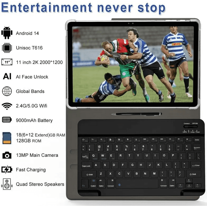 2026 Latest 11 inch Android 14 Tablet 18GB + 128GB, 2K , ‎Unisoc T616, With Case, Pen, Keyboard
