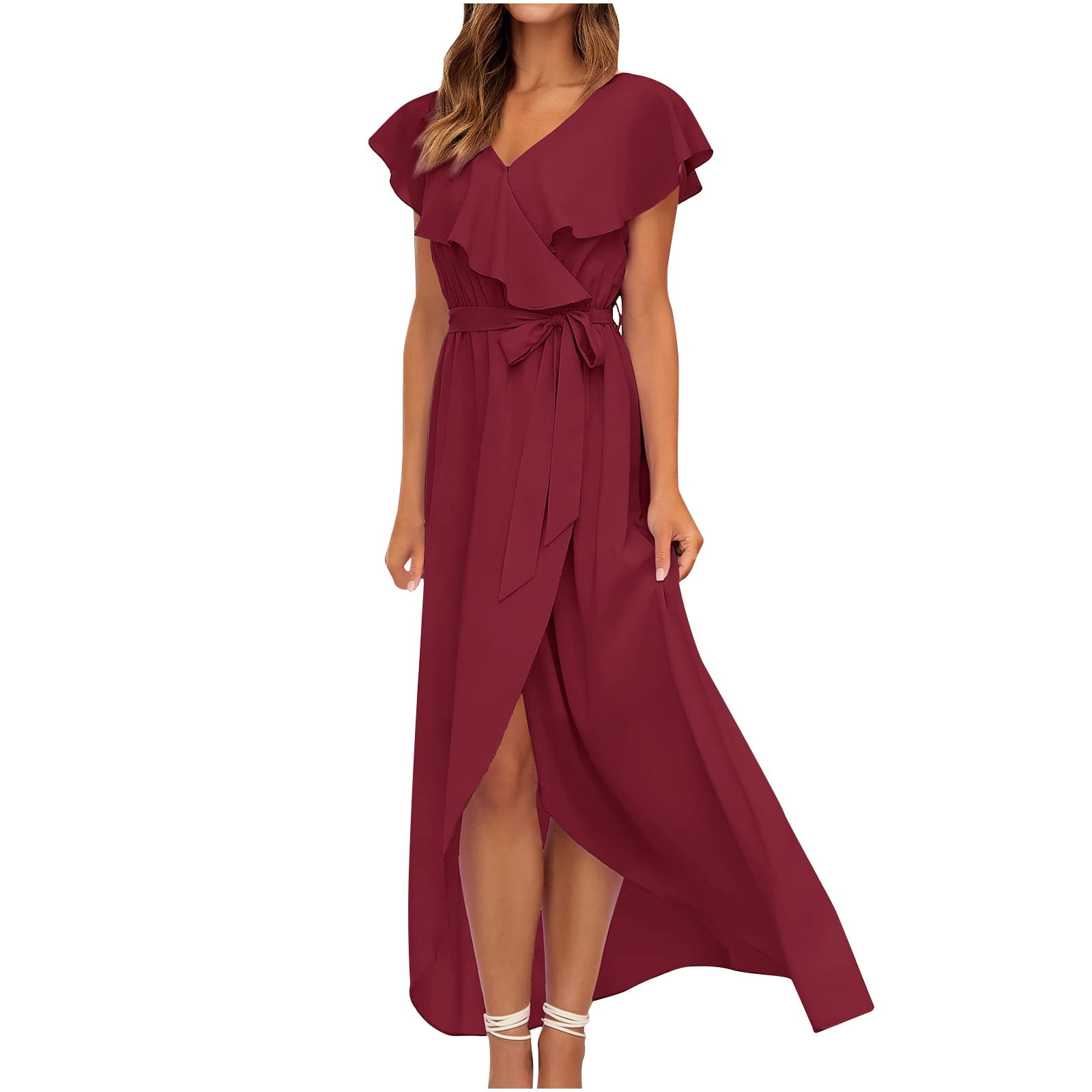 Women's Summer Chiffon Maxi Dresses V Neck Ruffle Short Sleeve