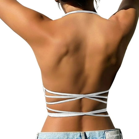 OJSFQUFP Plunge Bralette White Womens Backless Gallus Crop Top Padded Sports Bras Light Support Strappy Sexy Workout Tank Soft Bra for Daily Life One Size