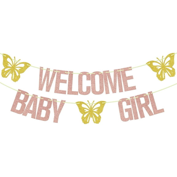 Welcome Baby Girl Banner, Butterfly Themed Baby Shower Party Decorations, It's a Girl Sign, Sweet Baby Girl Gender Reveal Party Supplies Rose Gold & Gold Glitter