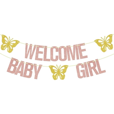 Welcome Baby Girl Banner Butterfly Themed Baby Shower Party Decorations It s a Girl Sign Sweet Baby Girl Gender Reveal Party Supplies Rose Gold & Gold Glitter
