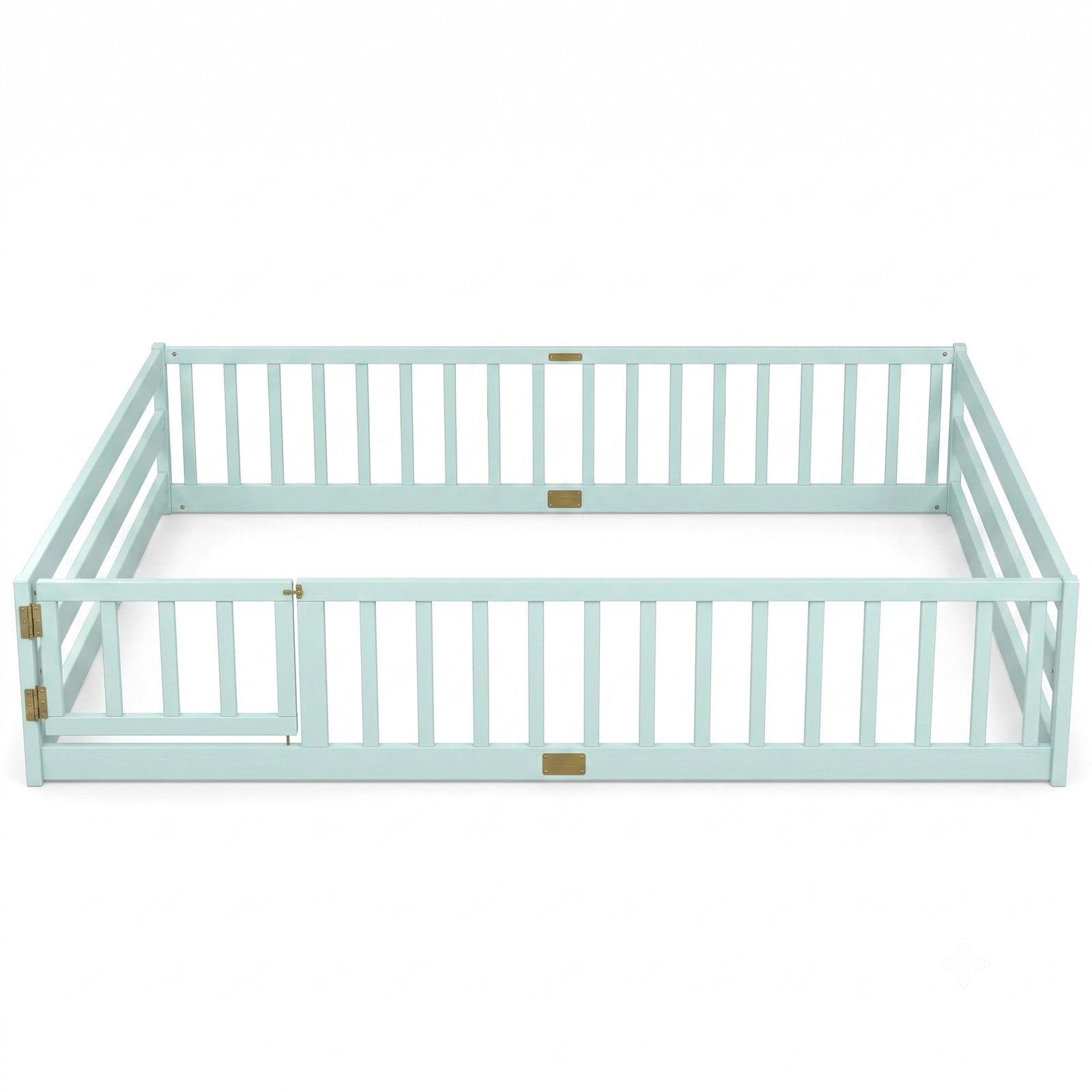 Furnibear Queen Bed Frame, Montessori Floor Bed with Full Length Safety Guardrails and Lockable Gate, Queen Wood Floor Bed for Kids Room, Mint Green