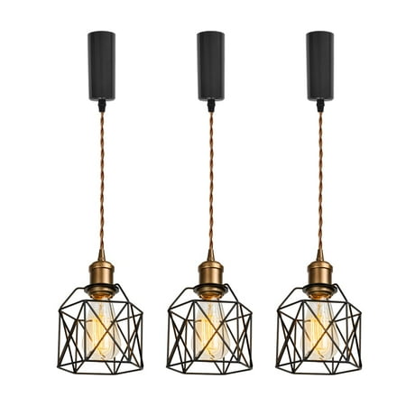 

KAYYELAMP 3-Pack Vintage Design Copper Base J-Type Track Pendant Light E26 Base 39.3 Inches Adjusted Cord Black Metal Cage Tracking Lamp for Kitchen Loft Cafe Home Office(No Bulb Track)