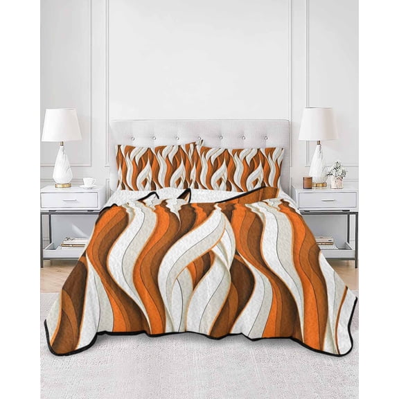 Quilts Twin XL Size, Burnt Orange White Moire Soft Comforter Bedding Set for Bed, Modern Abstract Art Lightweight Quilted Bedspread with Pillow Cover(2 Pieces) for All Season, 68x98 Inch