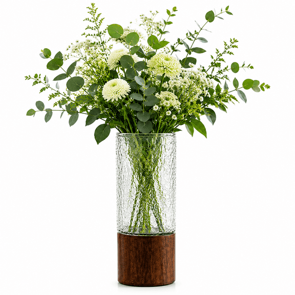 WONDER DECORS 4"x10" Wooden Base Ripple Flower Vase Vintage Vase for Home Office Decoration, Transparent