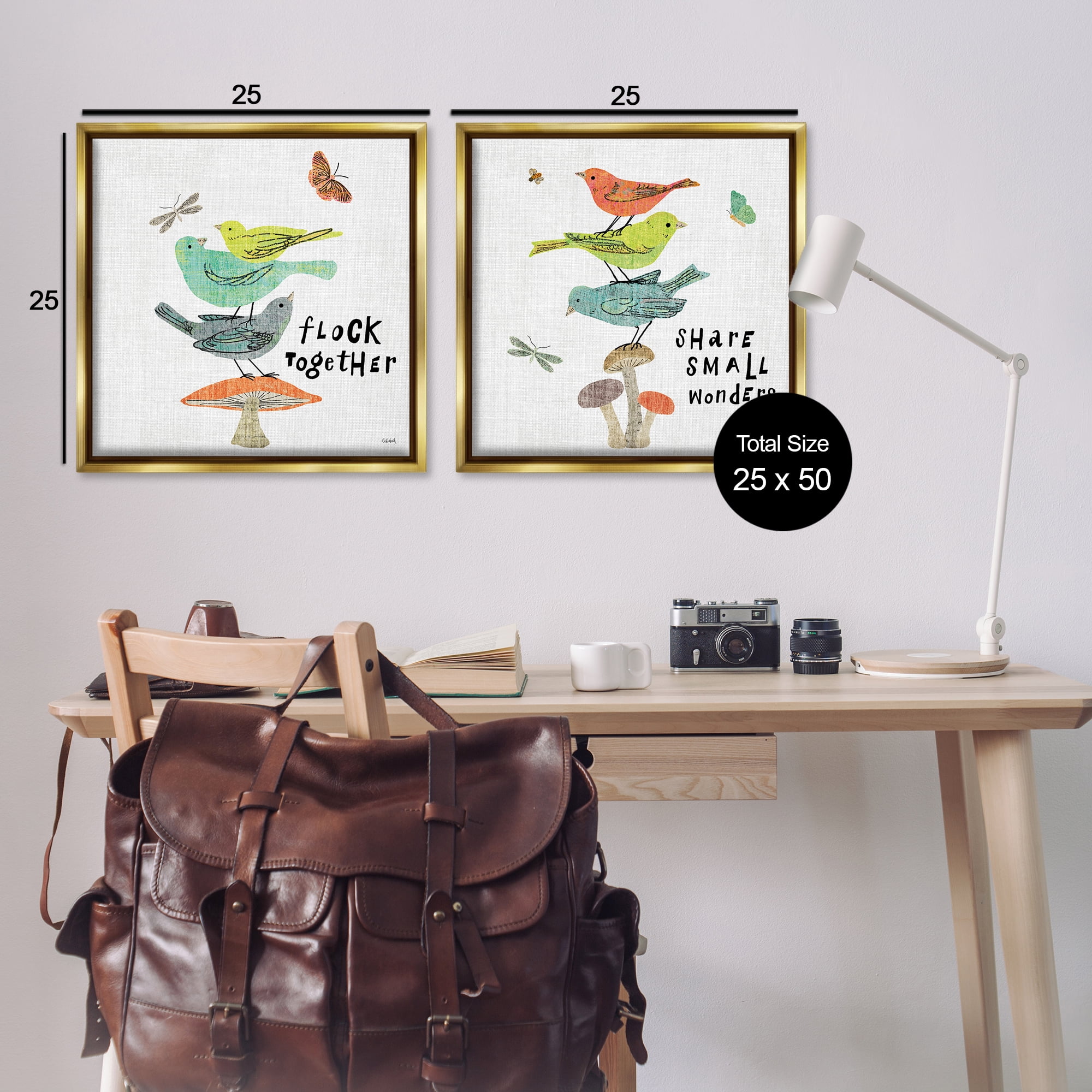 Stupell Industries Flock Together Share Birds Animals Painting Gold Floater Framed Canvas Art Print Wall Art, 25 x 25, Set of 2