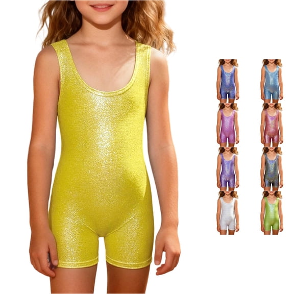 RMGVDSD Gymnastics Leotards with Shorts for Girls Sequin Tank Bodysuit Sleeveless Dance Leotard for Performance Stretch Fit Bodysuits 9-10 Years