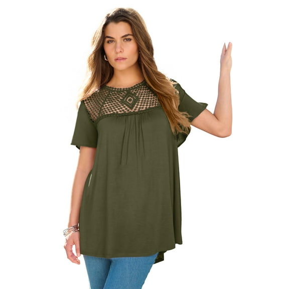 Roaman's Women's Plus Size Lace Yoke Pleated Tunic