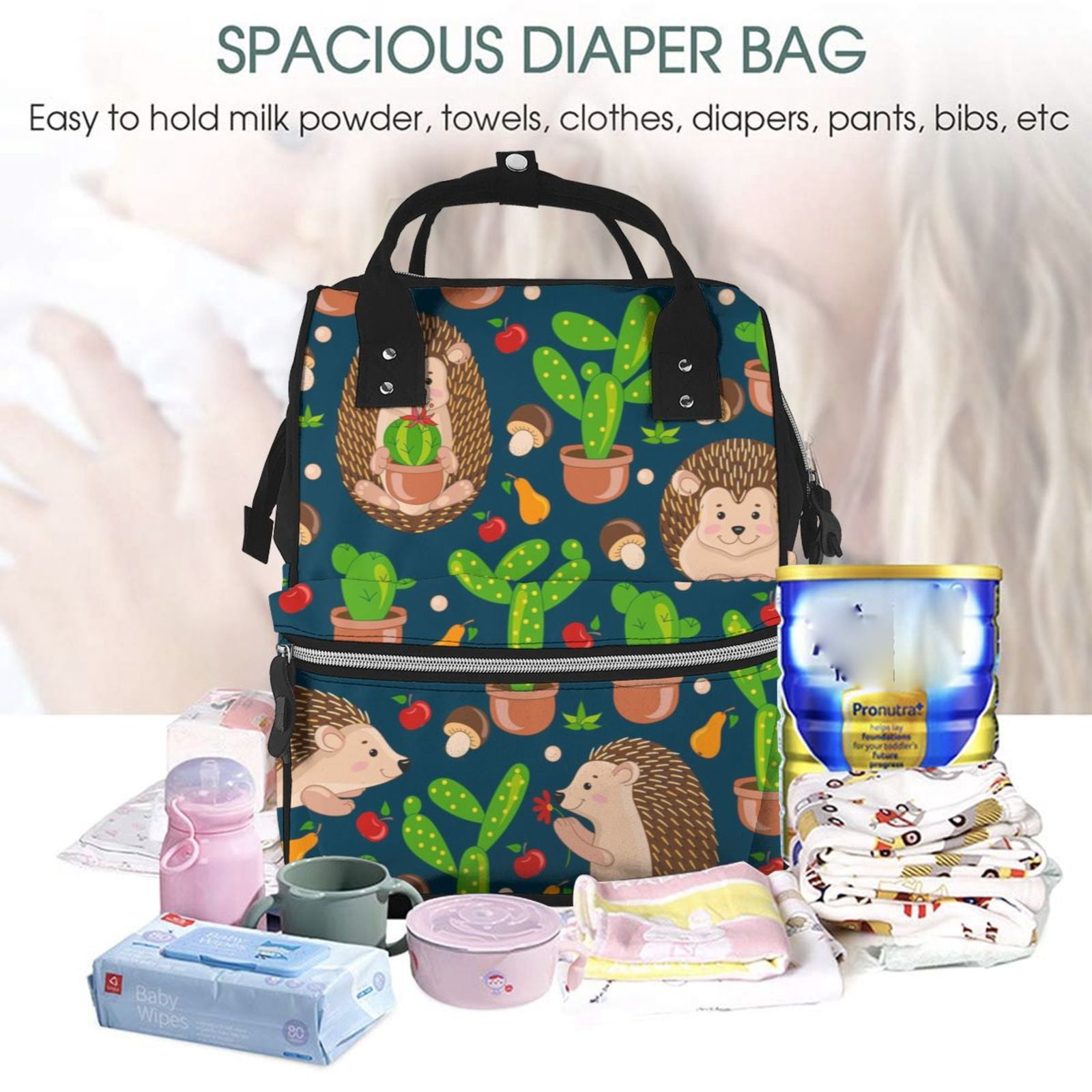 Fuzoiu Cute Hedgehogs Cactus Blue Print Diaper Bag Backpack,Baby Essentials Travel Tote,Multi function Waterproof Diaper Bag, Travel Essentials Baby Bag - Unisex