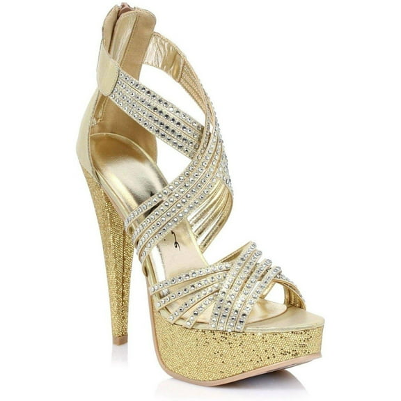 E-532-Mia, 5" Heel Womens Metallic Heel Sandal w/tripple straps & Studs. Gold / 9