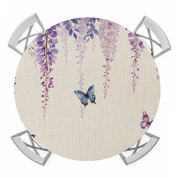 Wisteria Round Tablecloth for 36-44 Inch Tables,Fitted Table Cover with Elastic Edge,Spring Purple Flowers Butterflies Vintage Beige Waterproof Outdoor Table Cloth Protector for Patio Garden Dinner