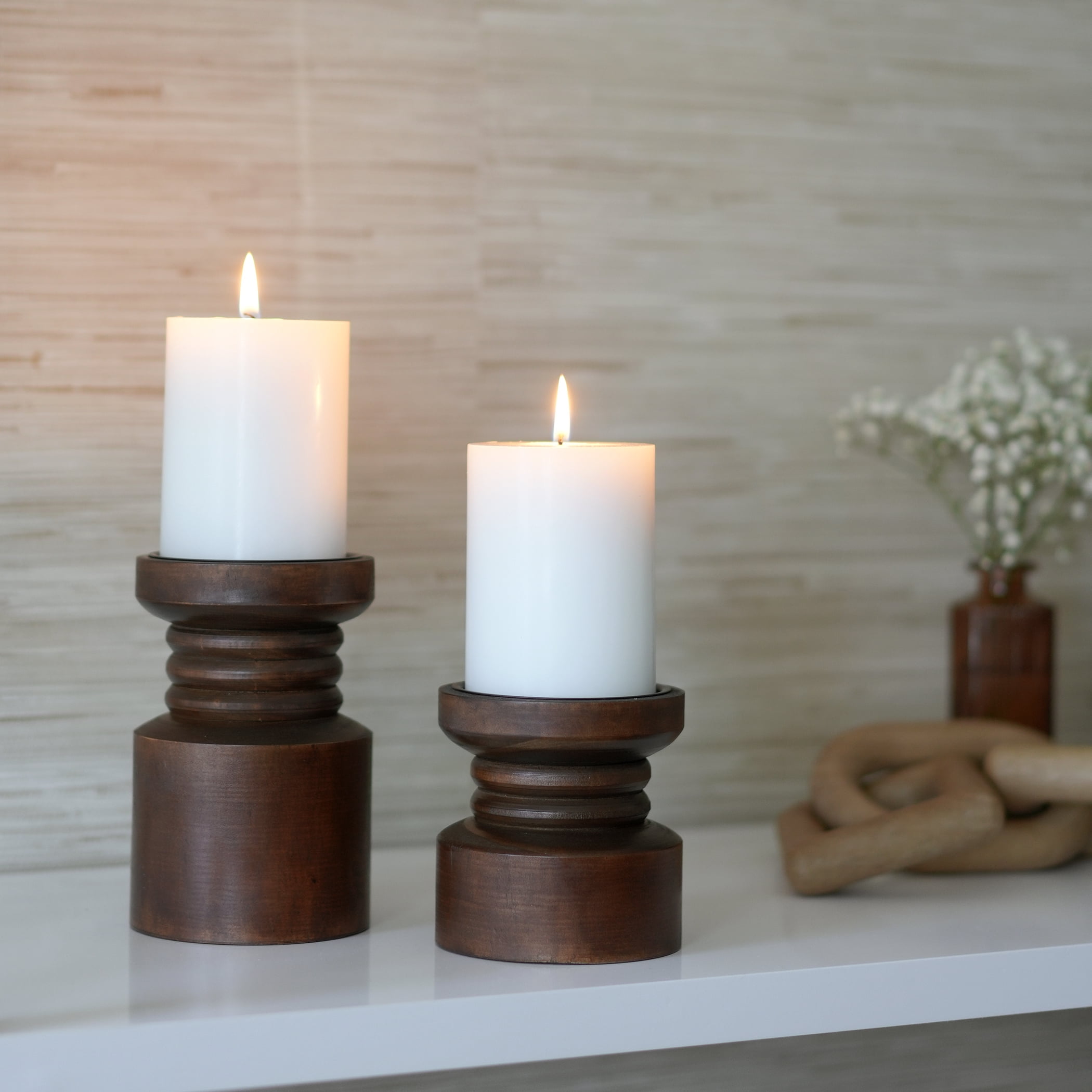 Mainstays Dark Wood tabletop Pillar Candle Holders, 2 PC Set