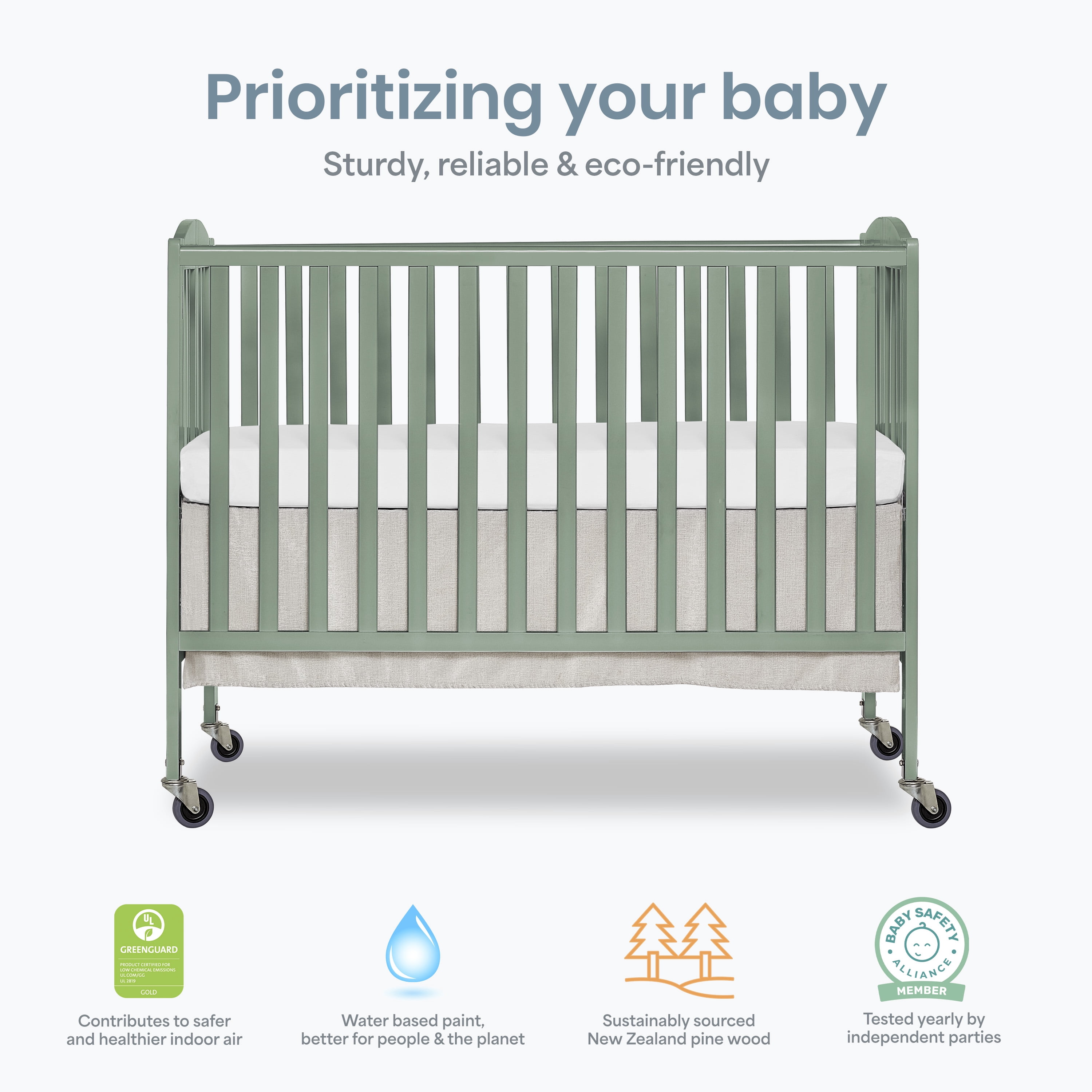 Dream On Me Folding Full Size Convenience Crib in Meadow Green, Comes With Heavy Duty Locking Wheels