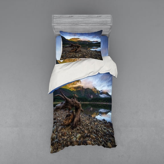 Ambesonne Landscape Bedding Set 3 Pcs, Mountain Lake Skies, Twin XL, Blue and Brown
