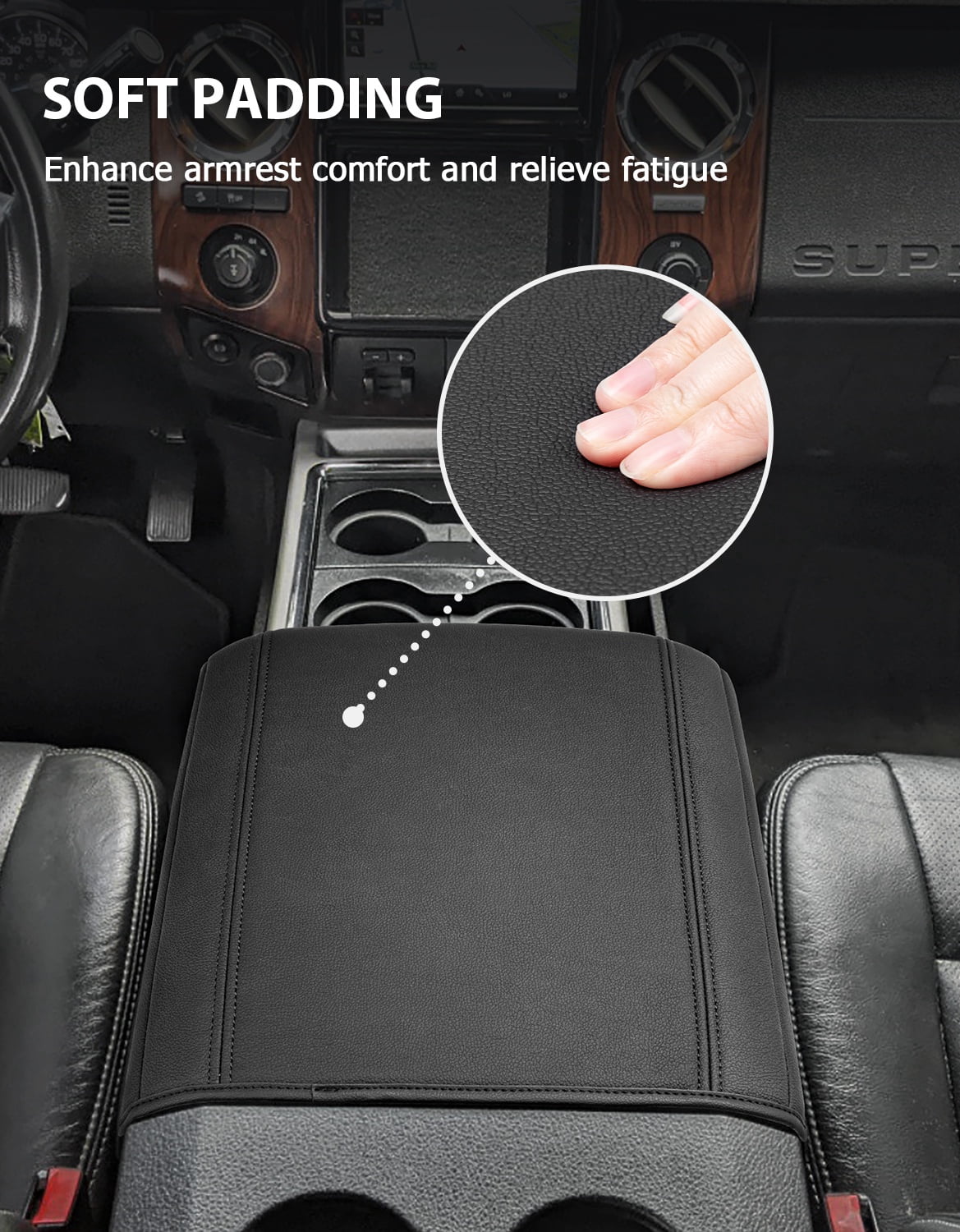 KBH Center Console Armrest Cover Fit for Ford F250 F350 F450 2011-2016 Super Duty Accessories, Leather Comfort Armrest Pad Console Lid Cushion Protector, Black