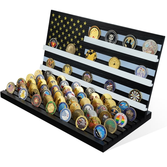 11 Rows American Flag Challenge Coin Display Holder Stand - Military Coin Holder Display for Desk - Holds 80-90 Coins - Ideal for Veterans, Collectors Black