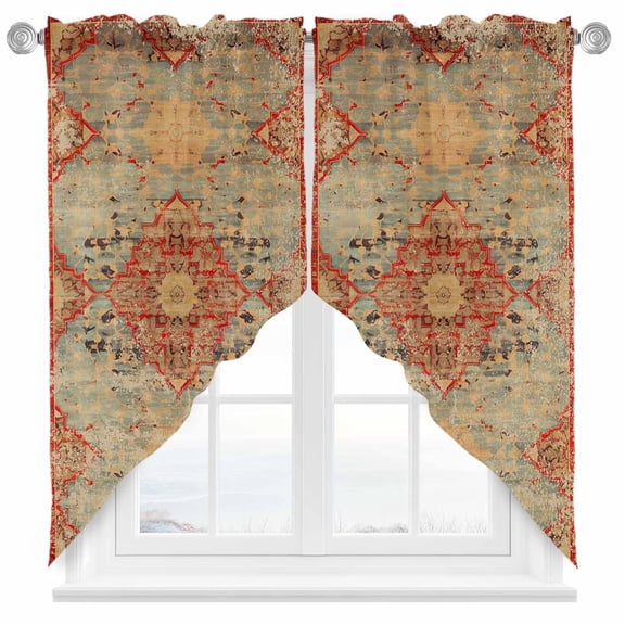 Swag Curtains Valances for Windows, Orange Blue Boho Floral Short Kitchen Window Curtains Over Sink, Medieval Vintage Texture Cafe Curtains Panel Set Of 2,Rod Pocket, 45 Inches Length