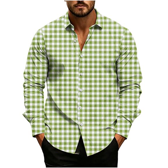 TOUMENY Men's Casual Button Down Shirts Long Sleeve Plaid Slim Fit Collared Summer Fall Party Tops Lightweight Trendy Print Shirt Army Green L