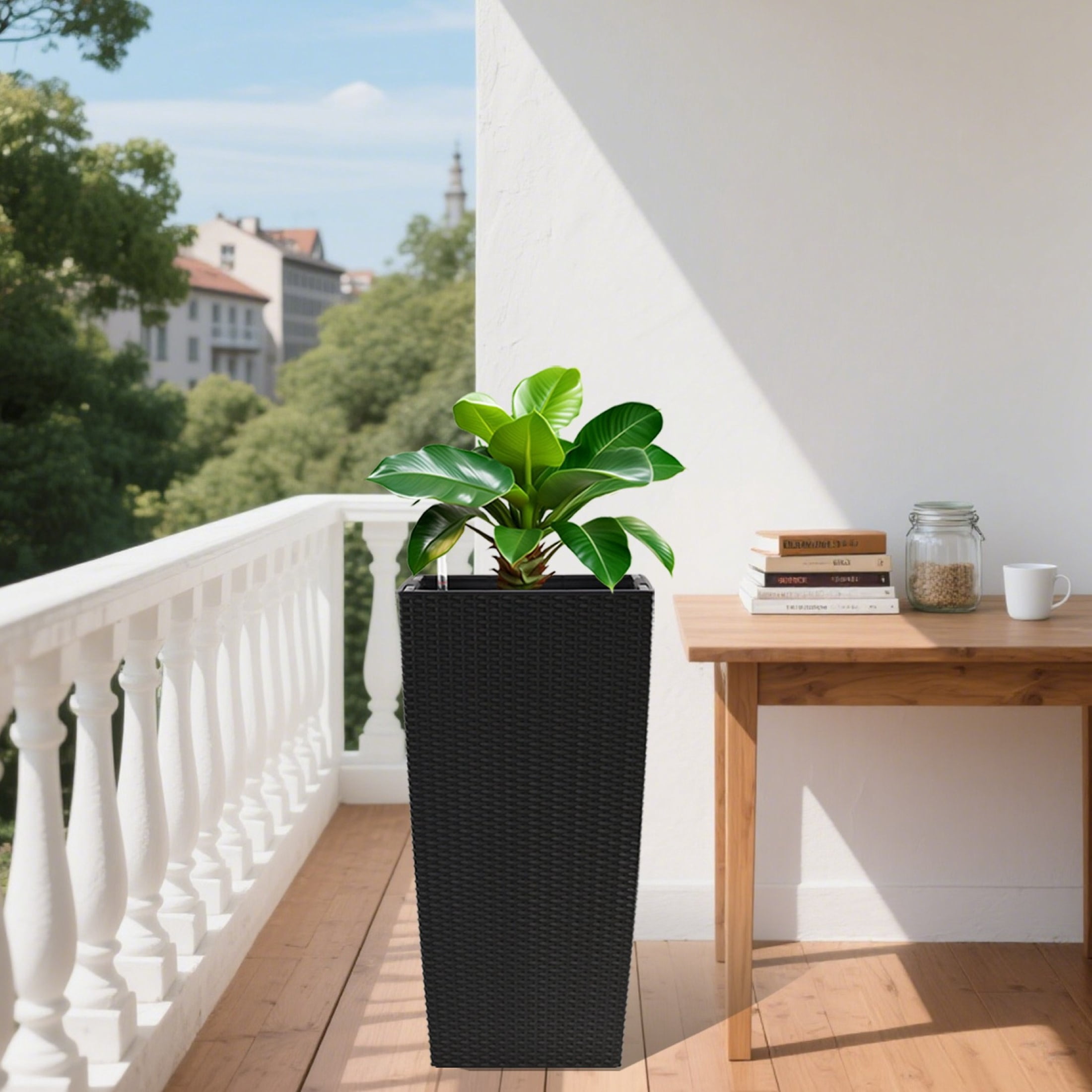 Noble House 30" Tall Self-Watering Planter, Large Indoor Outdoor Flower Pot with Water Level Monitor, Black