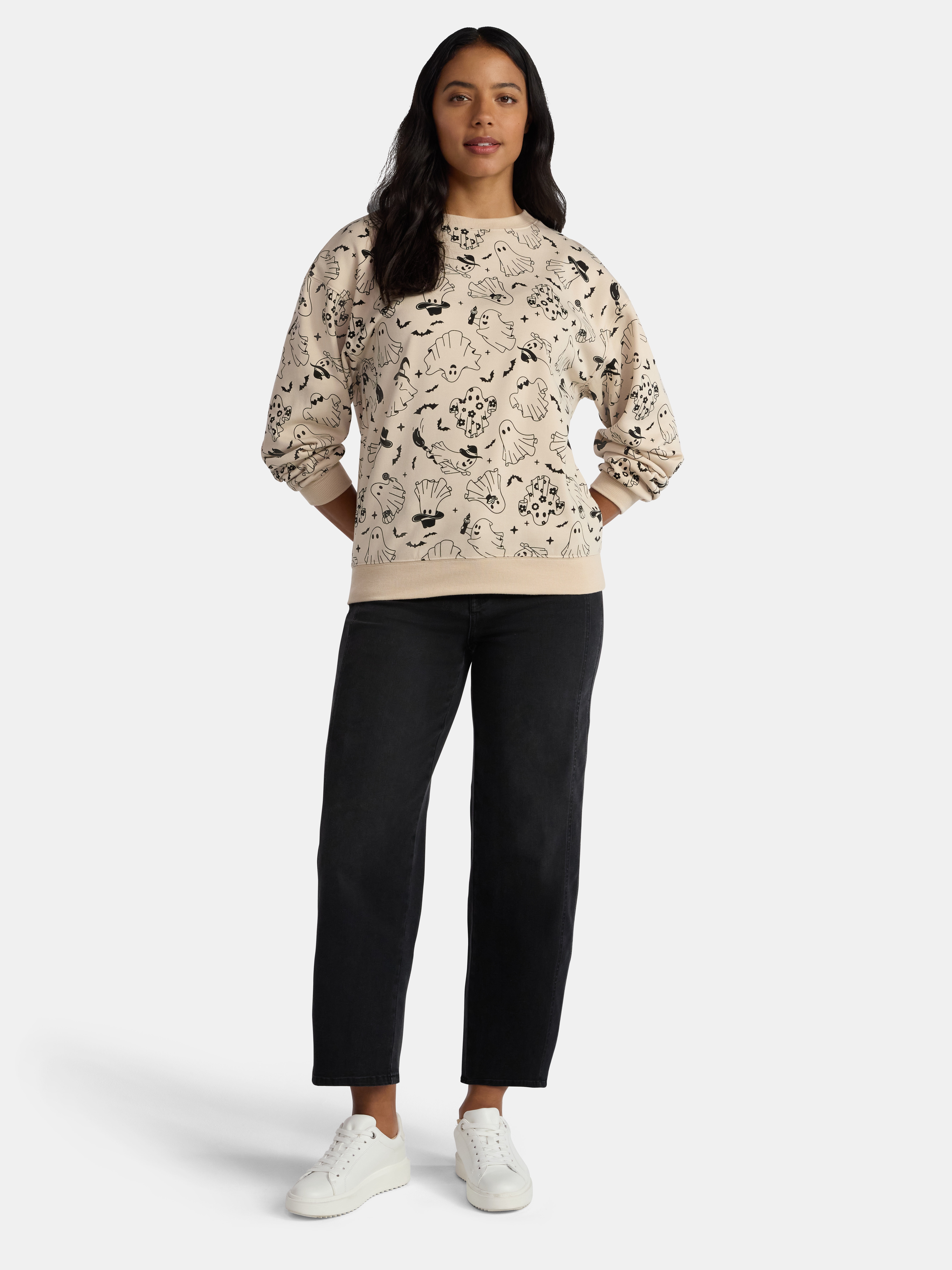 Halloween Women's Happy Ghost Graphic Print Sweatshirt with Long Sleeves, Sizes XXS-XXL
