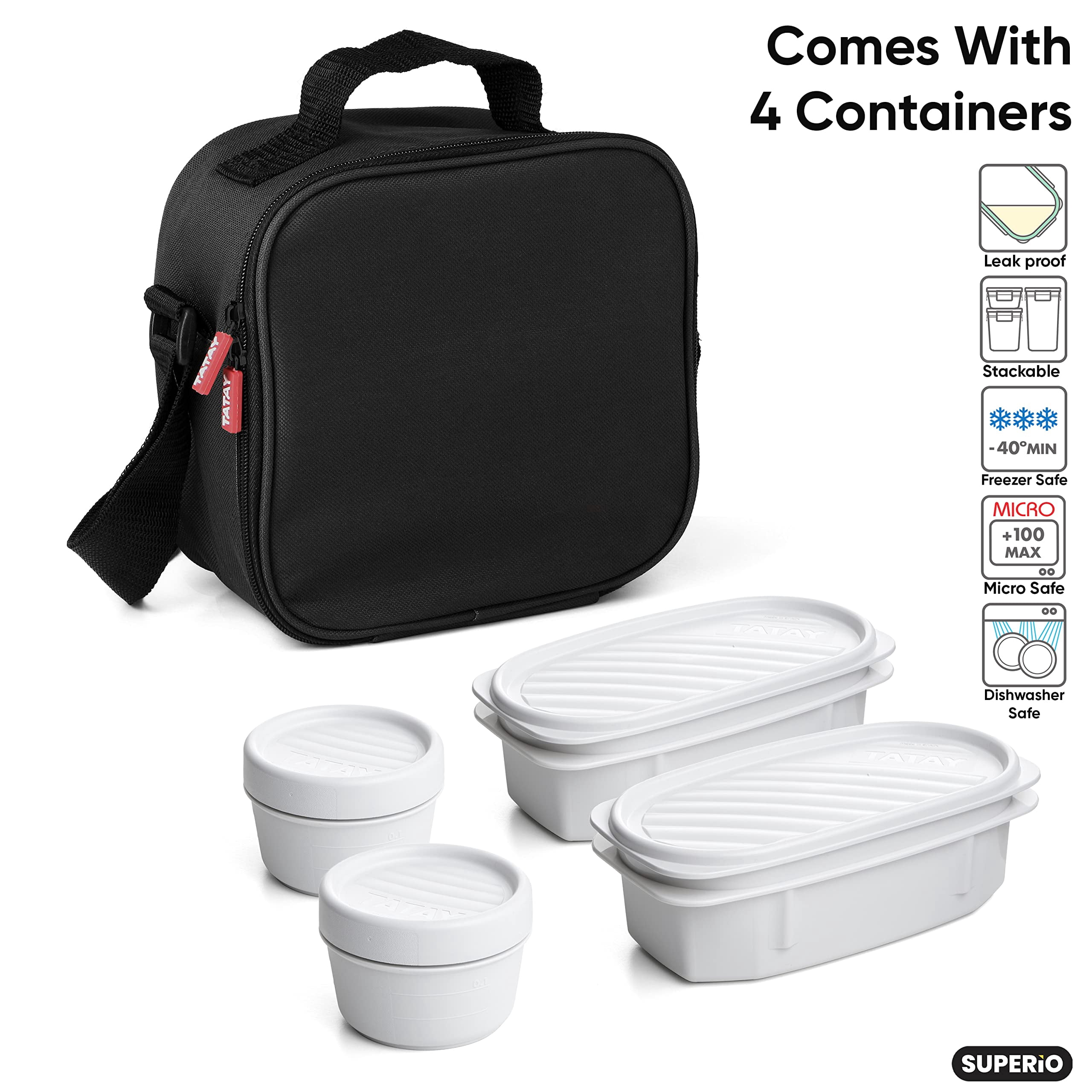 Insulated Lunch Bag with Containers, Thermal Lined Lunch Box, Reusable Leak Proof Containers for Work, Travel, and Beach, Black Small Lunch Bag with Adjustable Strap, Easy to Clean