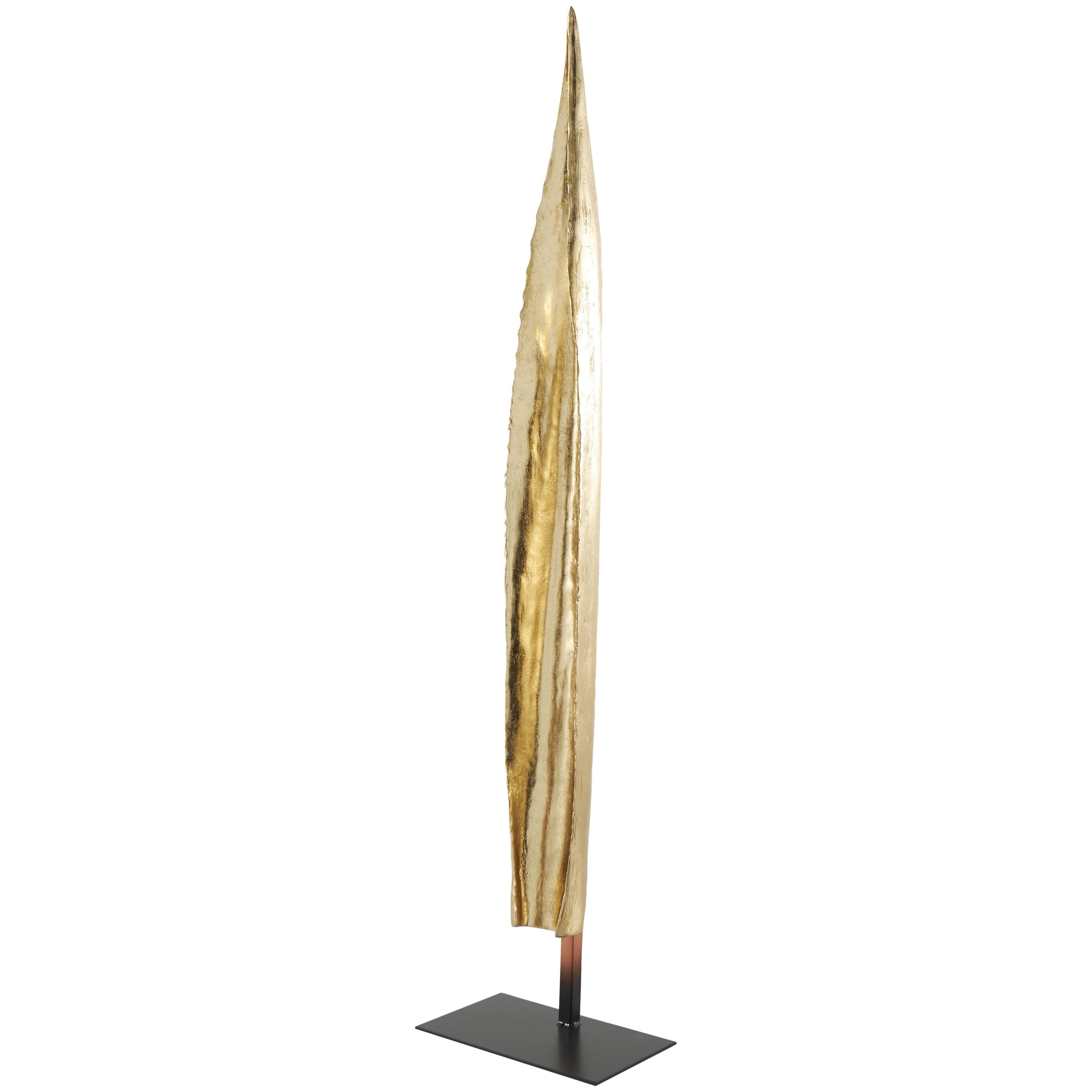 9" x 39" Gold Polystone Slim Abstract Leaf Sculpture with Black Metal Stand, by DecMode