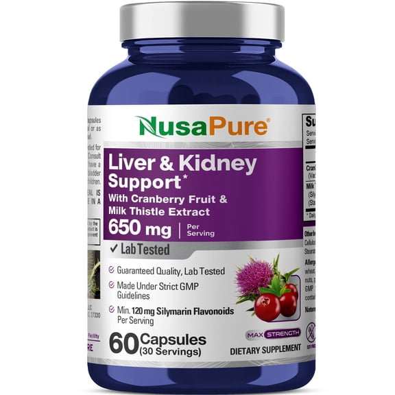 NusaPure Liver & Kidney Support with Cranberry Fruit & Milk Thistle Extract 650 mg 60 Capsules Non-GMO Soyfree Dietary Supplement