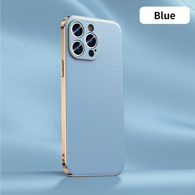 Genuine Cowhide Leather Phone Case for iPhone 16 14 12 13 15 Pro Max 15Pro 14Pro Luxury Plating Full Lens Protection Back Cover Blue(A006) For iPhone 11Pro Max