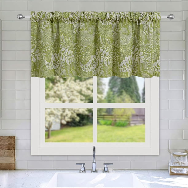 Floral Print Curtain Valance Polyester Semi Sheer Window Treatment for Kitchen Living Room Cafe Decor Spring Tassel Trim Short Curtain Panel Home Decorative Accent