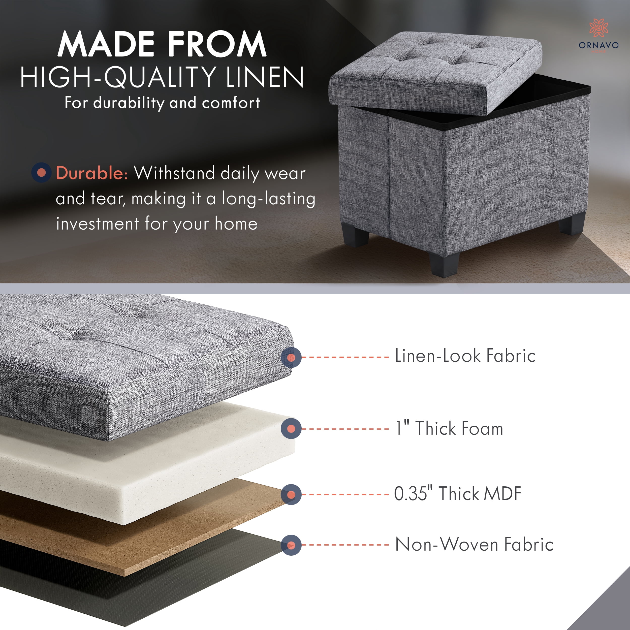 Ornavo Home Storage Ottoman Small Rectangle Ottoman with Legs, Foot Rest Stool Seat, Load up to 600 LB, for Living Room, Bedroom, Home Office, Dorm - 12 x 16 x 12, Gray