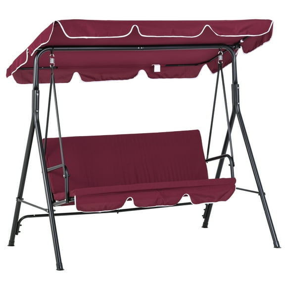 Outsunny 3-Seat Patio Swing Chair, Outdoor Porch Swing Glider with Adjustable Canopy, Removable Cushion, and Weather Resistant Steel Frame, for Garden, Poolside, Backyard, Wine Red