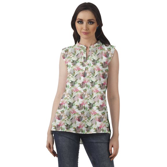 Moomaya Printed Mandarin Collar Tunic Sleeveless Casual Tank Top Summer Wear