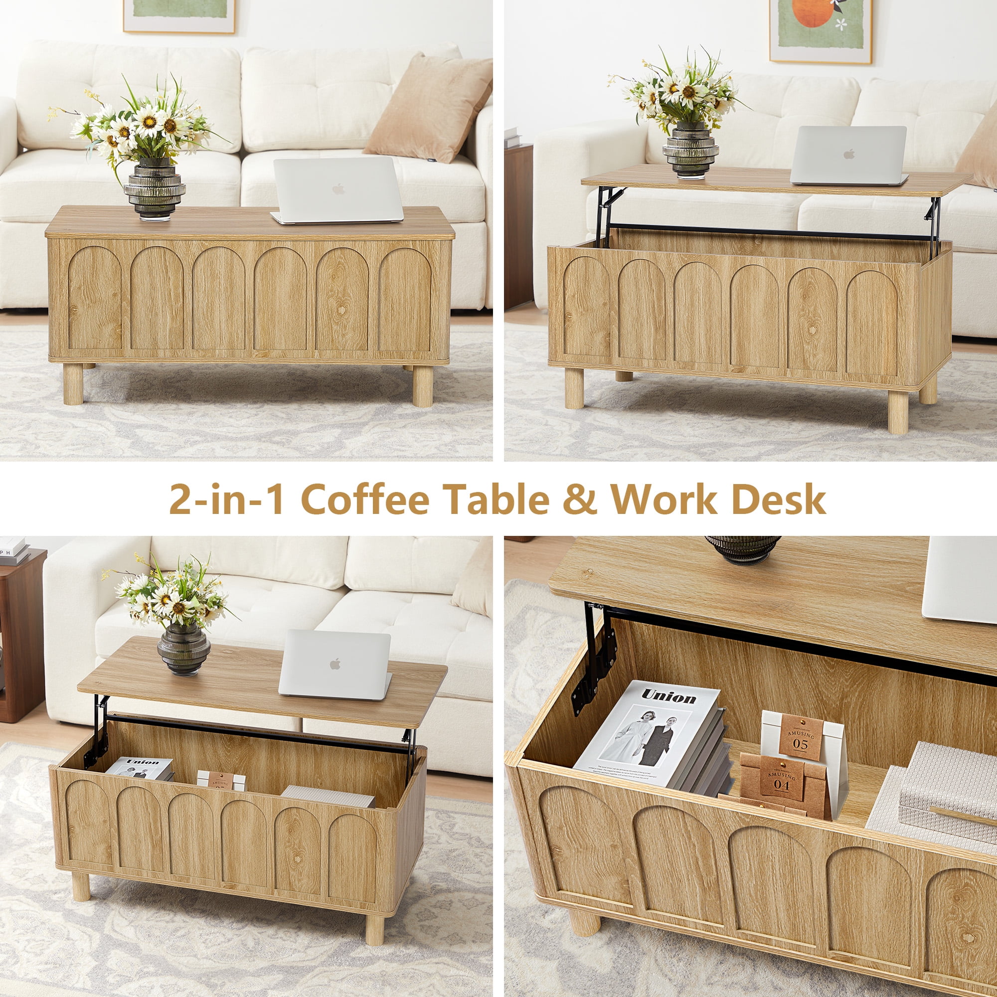 YOCWO Lift Top Coffee Table with Hidden Compartment & Storage Shelve, Arched Fluted Coffee Table for Living Room, Oak