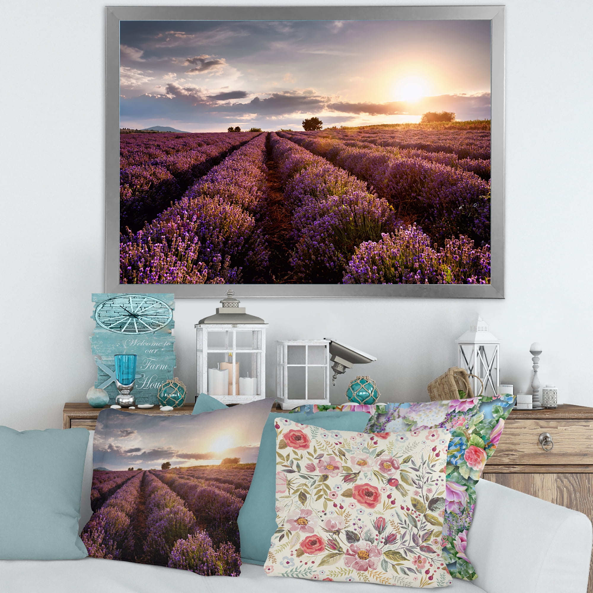 Designart 'Dramatic Clouds and Sunrise Over Lavender Field V' Farmhouse Framed Art Print