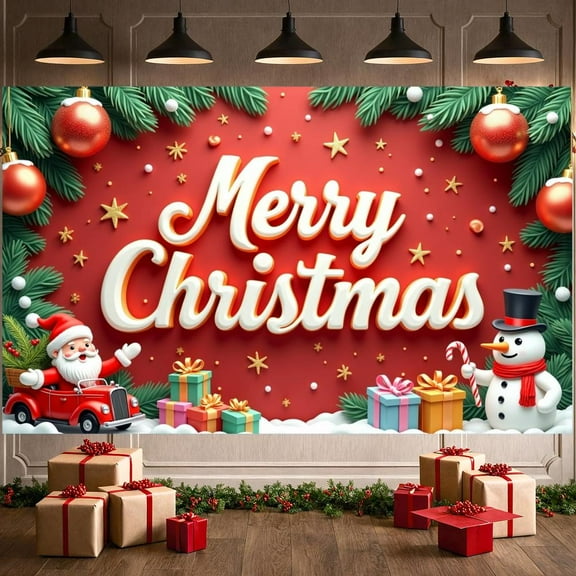 Red Background Christmas Banner Gold Stars Merry Christmas Banner Pine Branches Christmas Balls Xmas Banner for Home Decoration Office Party Christmas Party