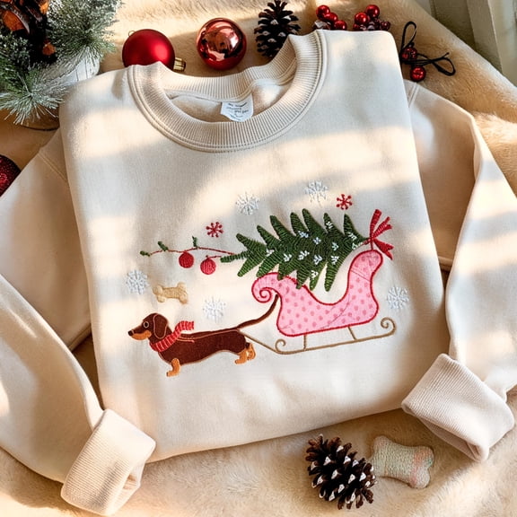 Dachshund Xmas Embroidered Sweatshirt, Christmas Hot Dog Embroidery Shirt, Christmas Tree Tee