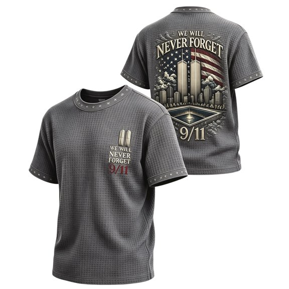Men's 9/11 Memorial Waffle Knit Crew Neck Tee We Will Never Forget 2001-2026 American Flag Graphic Lightweight Patriotic Daily Summer Wear Shirt