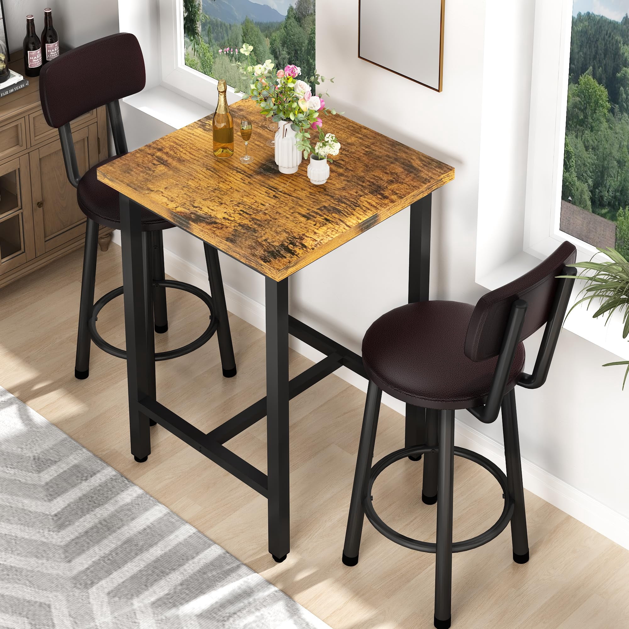 MOOSENG Bar Table Set of 2, Bistro Kitchen Table Sets with 2 PU Leather Bar Stools, Wood Pub Bar Table Set for Breakfast Nook Small Space Restaurant, Square Table