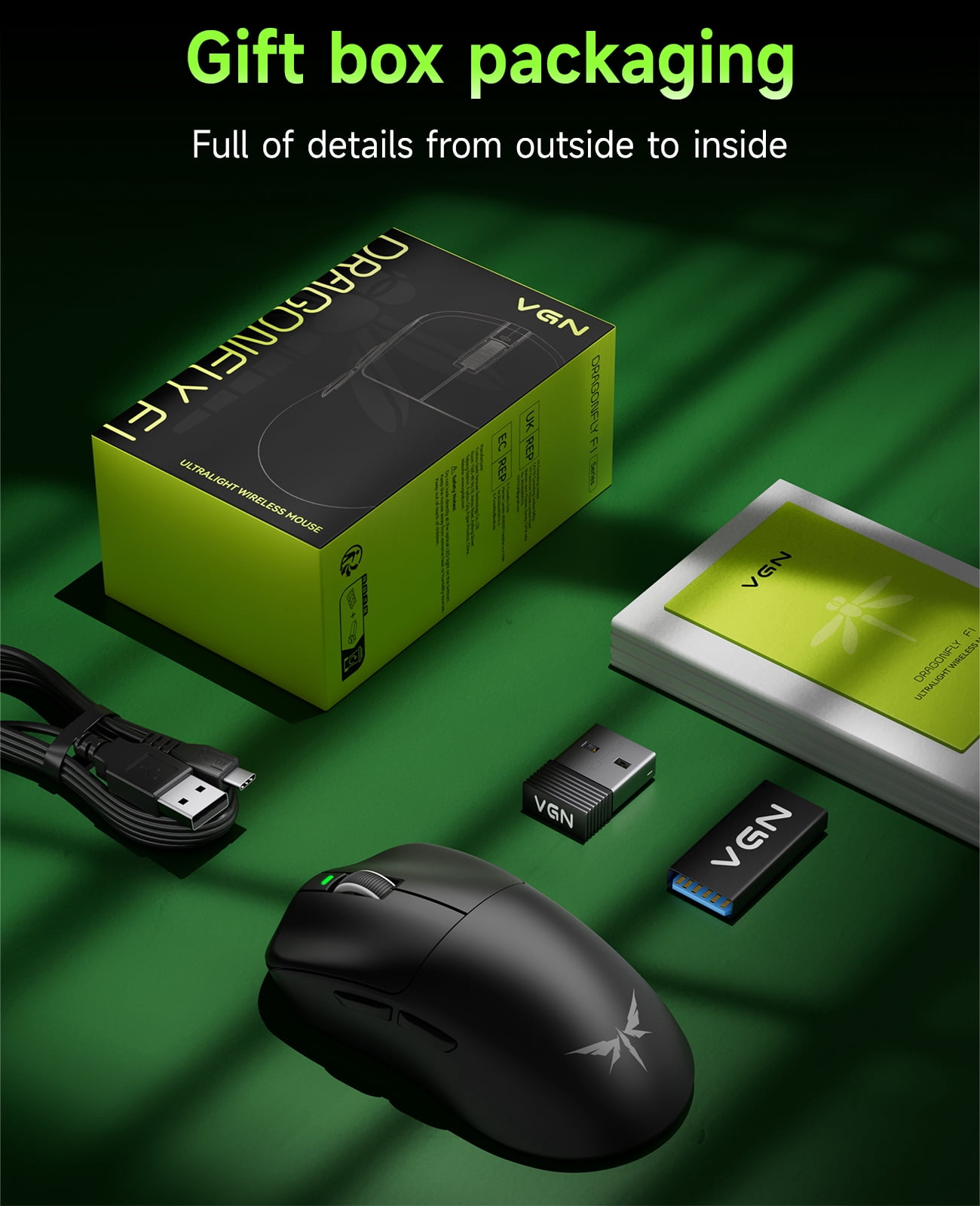 qaf Ultra Lightweight Wireless Gaming Mouse, 55g Tri-Mode Bluetooth/2.4G/USB-C Wired Mouse，Rechargeable 2.4G Cordless&Wired Mouse, 130Hrs Battery Life, for Laptop, PC, Mac-F1MOBA Black