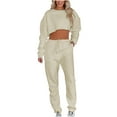 thumbnail image 1 of IROINNID Survêtement pour Femmes Ensemble 2 Pcs Col Rond Couleur Unie Pull Court à Manches Longues Décontracté avec Cordon de Serrage, Beige, 1 of 8