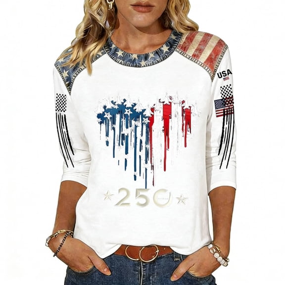 250th Anniversary USA Shirts Women Plus Size Casual 3/4 Sleeve Red White and Blue Print T-Shirts Crew Neck Independence Day Patriotic Tunic Tops 4th of July Celebration Party 1776-2026 Blouses, XL