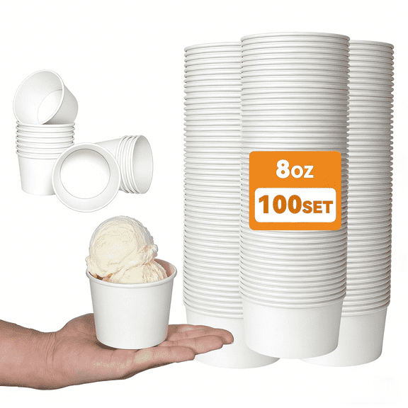 Cafemira 100 Pack Paper Soup Containers with Lids, 8 Oz Heavy Duty White Kraft Paper Bowls, Disposable Ice Cream Cups for Yogurt, Cold and Hot Foods